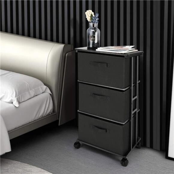 Black 3 Drawer Storage Tower Dresser Fabric Organizer Rolling Slim Bedroom Close - Picture 2 of 7